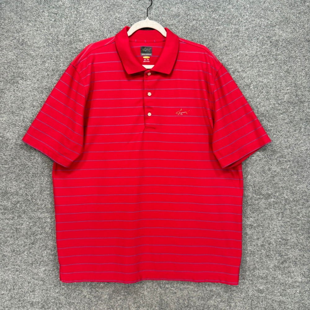 Greg Norman Polo Shirt Mens XXL Red Striped Play Dry Performance Golf Top